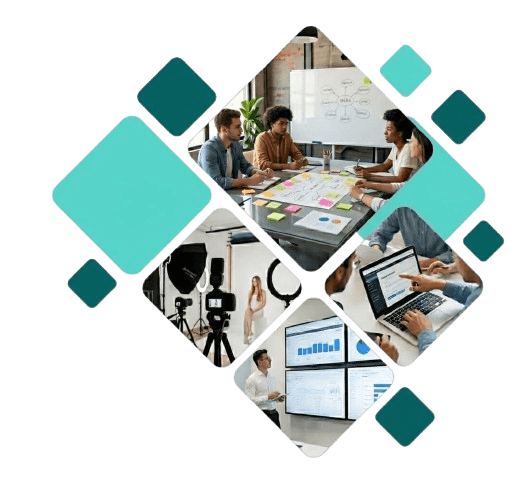 Composição em losangos mostrando a equipe de marketing trabalhando em reuniões e análises de dados.