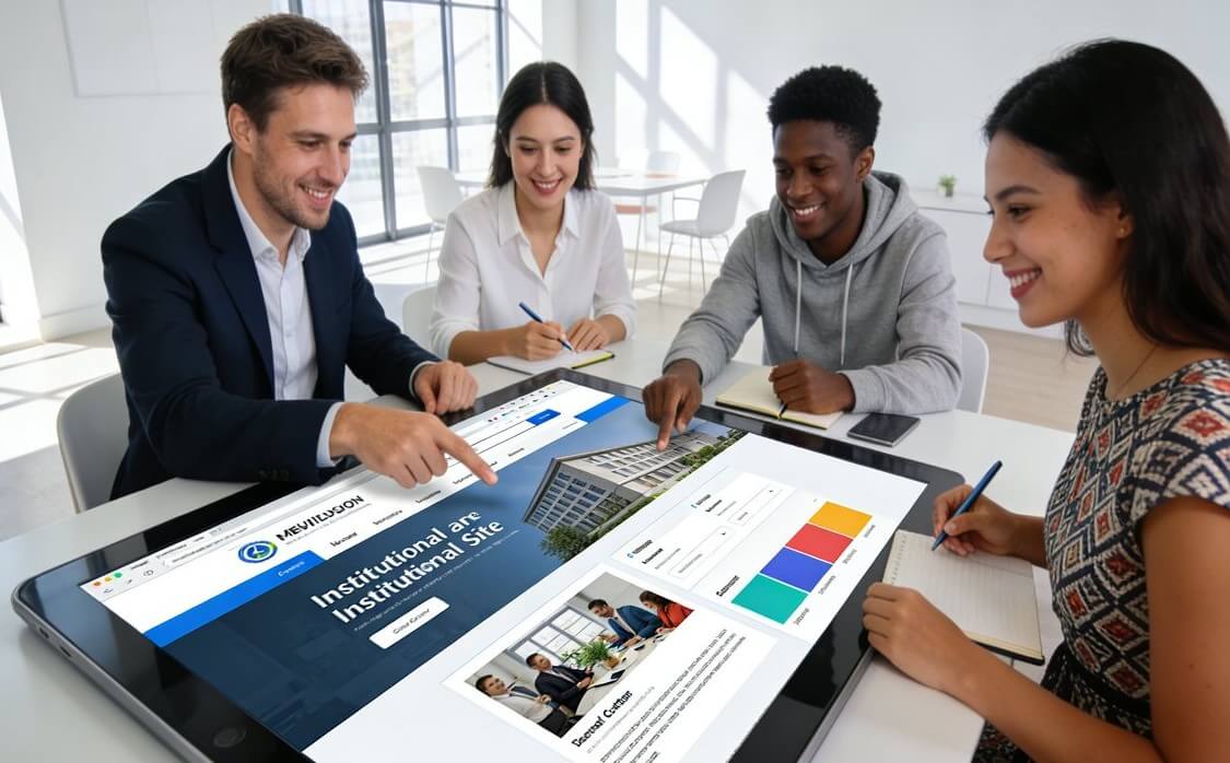 Equipe de profissionais colaborando no desenvolvimento de um site institucional moderno em uma grande tela digital.