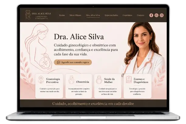 Site profissional para ginecologista e obstetra desenvolvido pela MuviFlow, com design moderno, responsivo e otimizado para conversão de pacientes.