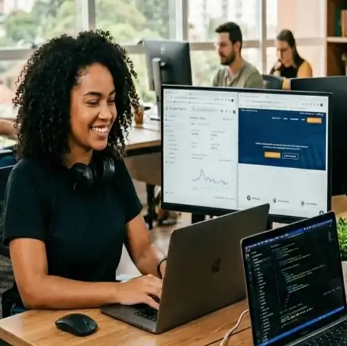 Equipe de web design trabalhando na criação de um site responsivo otimizado para motores de busca em escritório moderno.
