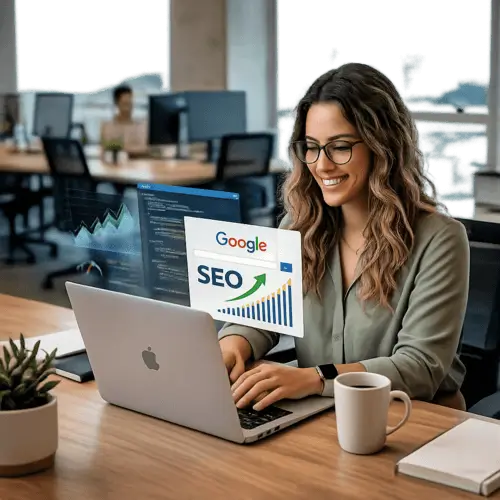 Especialista em SEO trabalhando em um laptop com gráfico de crescimento de buscas no Google e interface de código ao fundo.