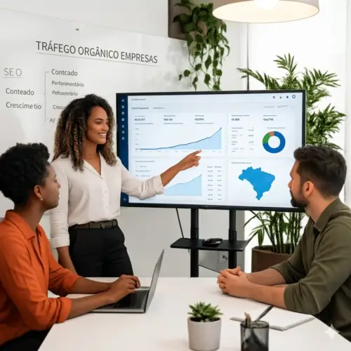 Equipe de marketing analisando gráficos de desempenho de tráfego orgânico e SEO em monitor de escritório.