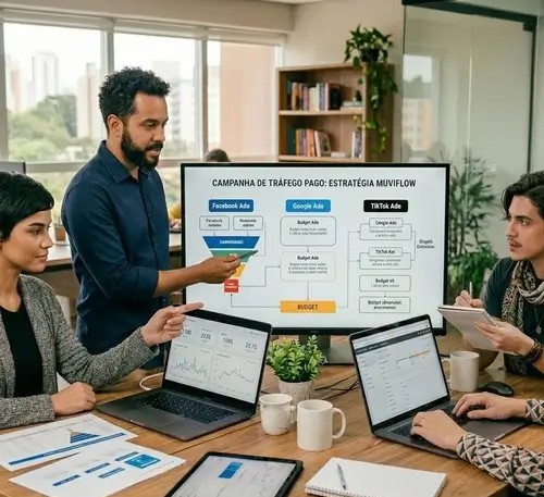 Equipe da Muviflow discutindo estratégias de funil de vendas e tráfego pago em escritório.