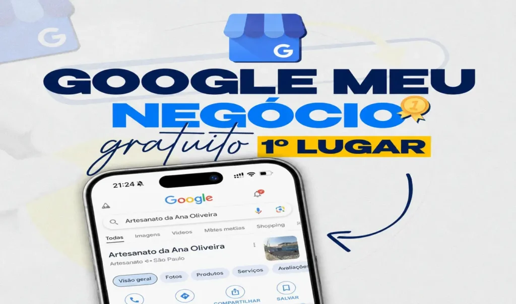 Google Meu Negócio gratuito exibindo empresa local posicionada em primeiro lugar nos resultados de pesquisa do Google.