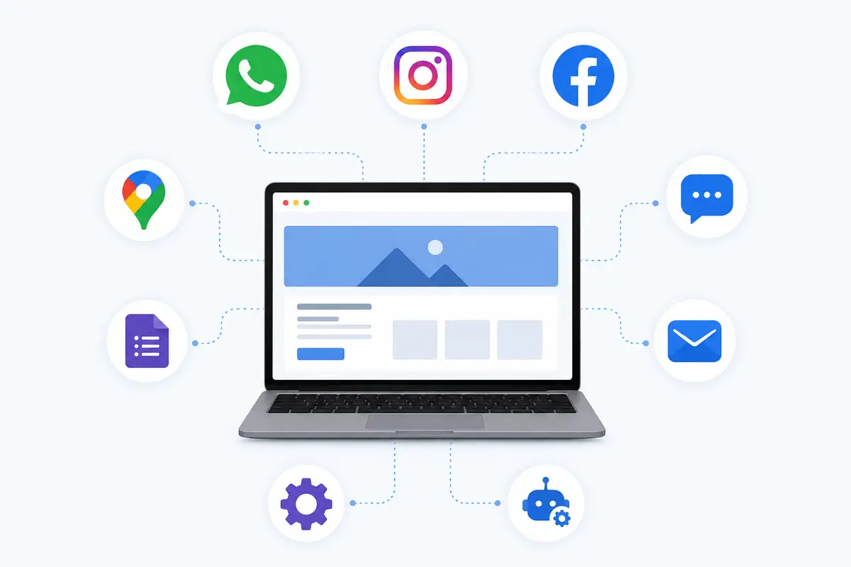 Ilustração de site profissional integrado com WhatsApp, Instagram, Facebook, Google Maps, formulários inteligentes, e-mail corporativo, chat online e ferramentas de automação.