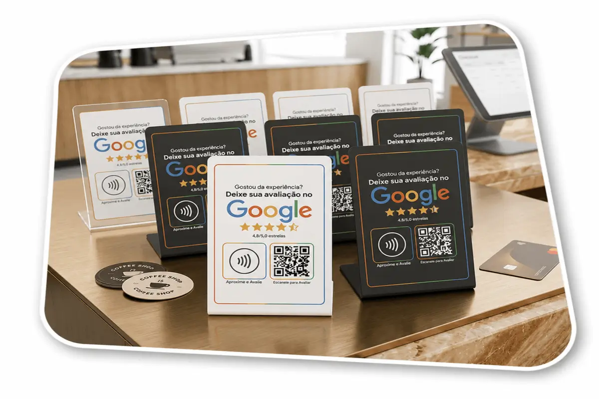 Placas personalizadas e cartões NFC para aumentar avaliações no Google Meu Negócio.