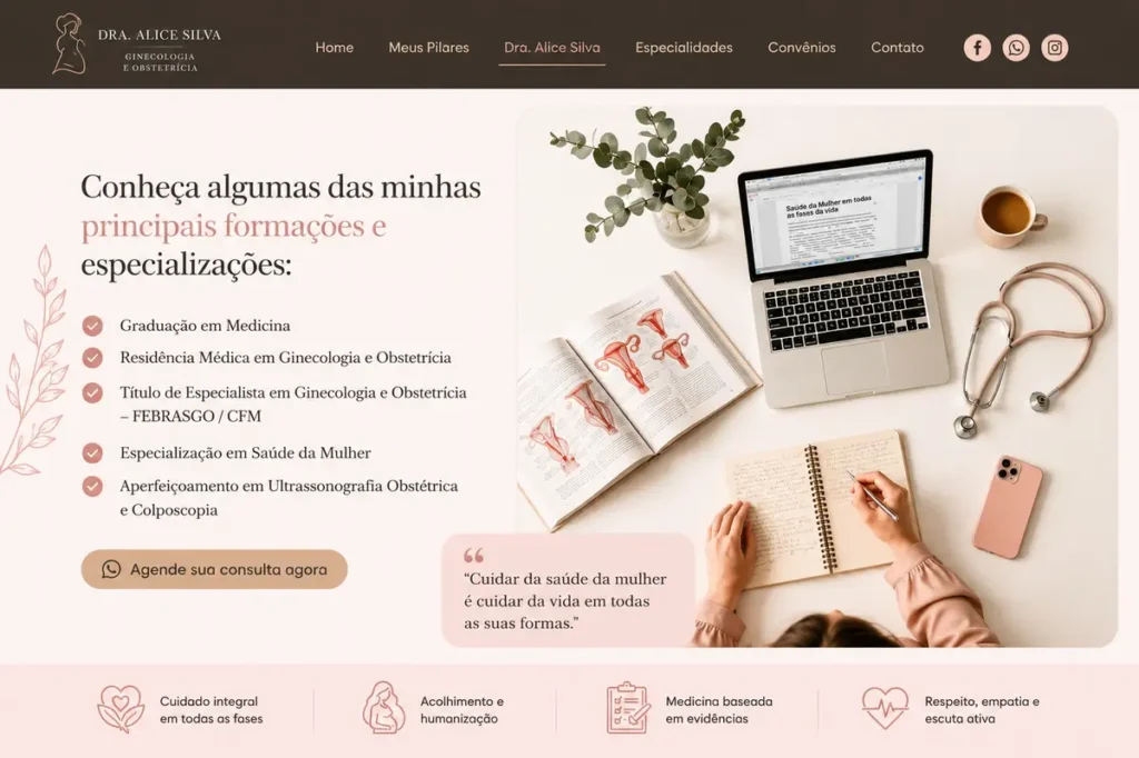 Projeto de criação de site para Dra. Alice Silva desenvolvido pela MuviFlow.