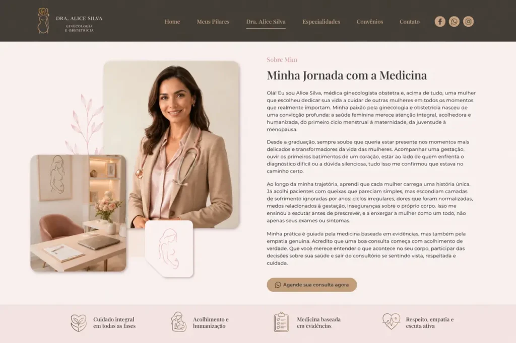 Site profissional para ginecologista e obstetra desenvolvido pela MuviFlow, com design moderno, responsivo e otimizado para conversão de pacientes.